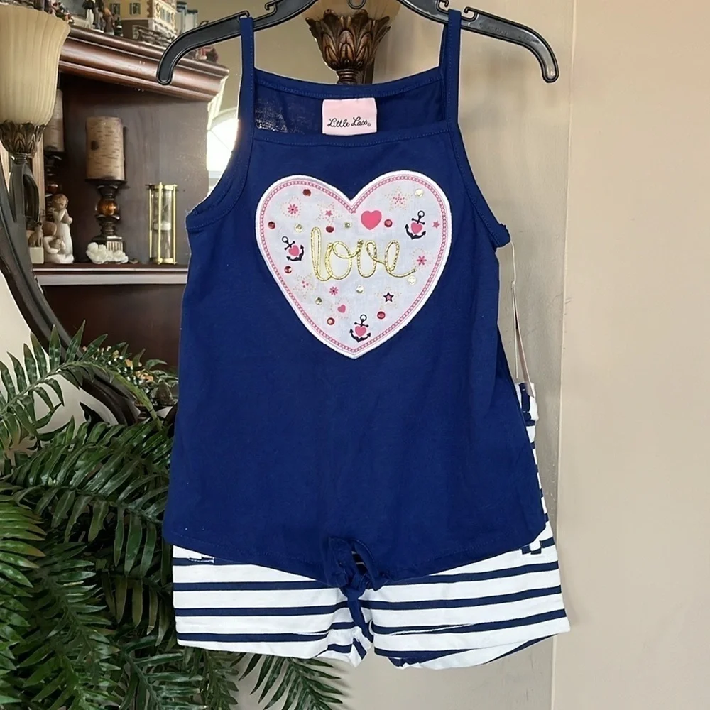 Brand New Little Lass 2-Piece Set Nautical Navy Blue Tank Top & Striped Shorts